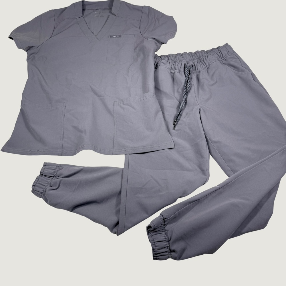 Jaanuu Scrub Set Medium Gray V-Neck Top Jogger Pants J96172 GRAW Mens Womens